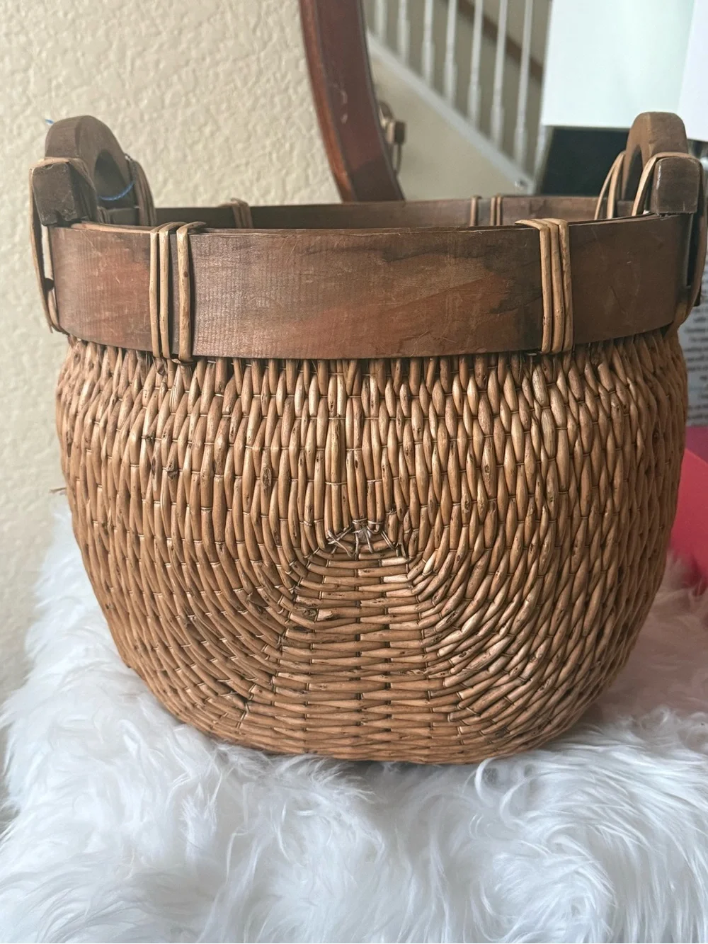 Antique Chinese Woven Willow Gathering Basket Medium Hand Carved Arched Handles